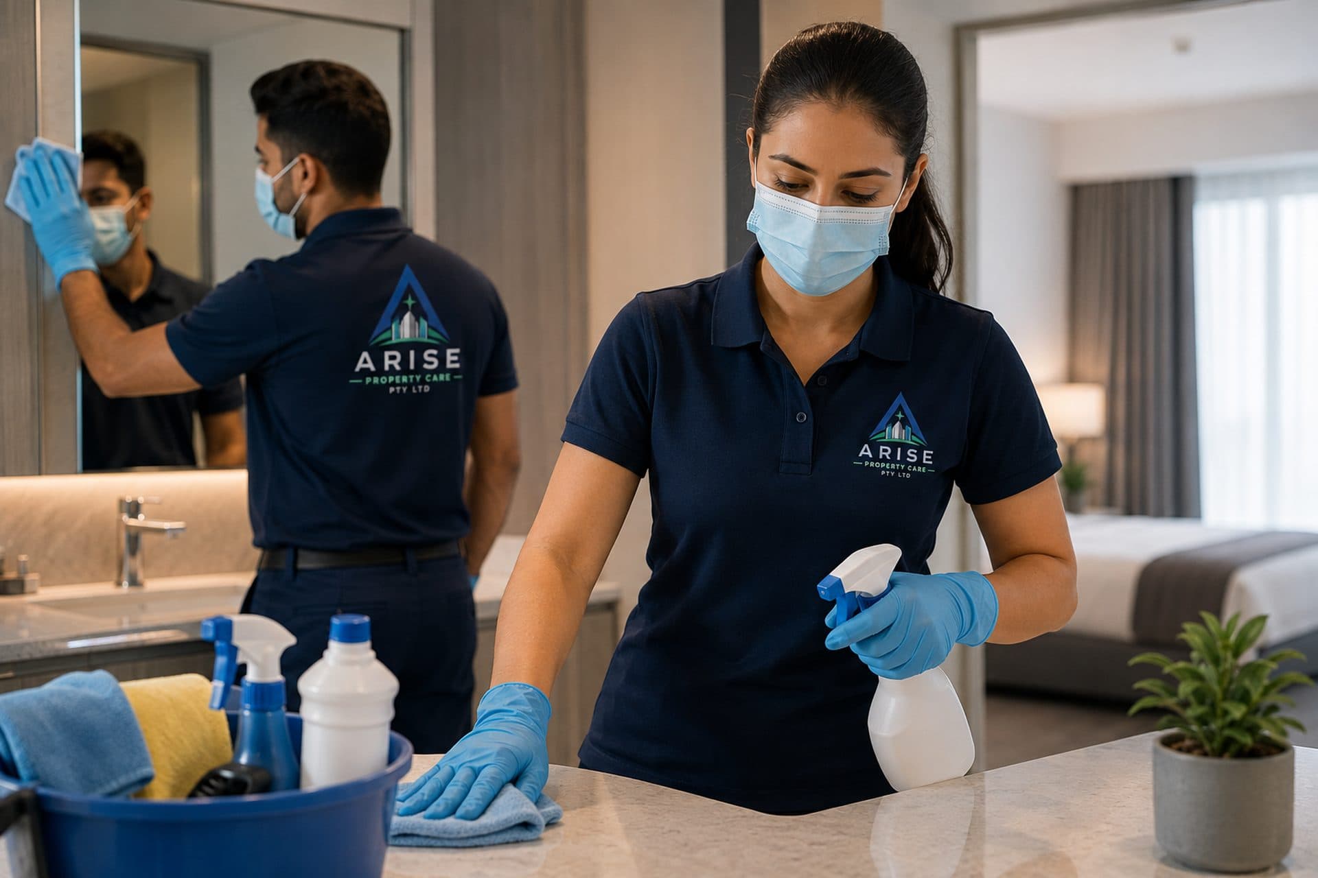 The Arise Property Care team standing beneath their logo in a Sydney building