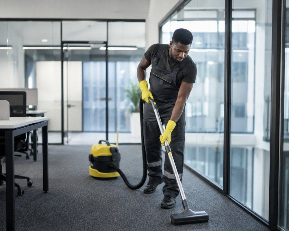 Professional cleaner servicing a modern office space